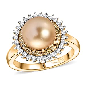 D'Joy South Sea Golden Pearl, Natural Yellow and White Diamond 0.45 ctw Sunburst Halo Ring in 18K Vermeil Yellow Gold Over Sterling Silver (Size 8.0)