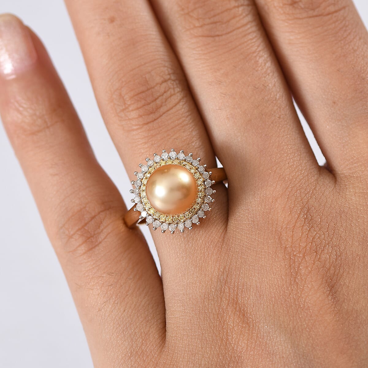 D'Joy South Sea Golden Pearl, Natural Yellow and White Diamond 0.45 ctw Sunburst Halo Ring in 18K Vermeil Yellow Gold Over Sterling Silver (Size 8.0) image number 2