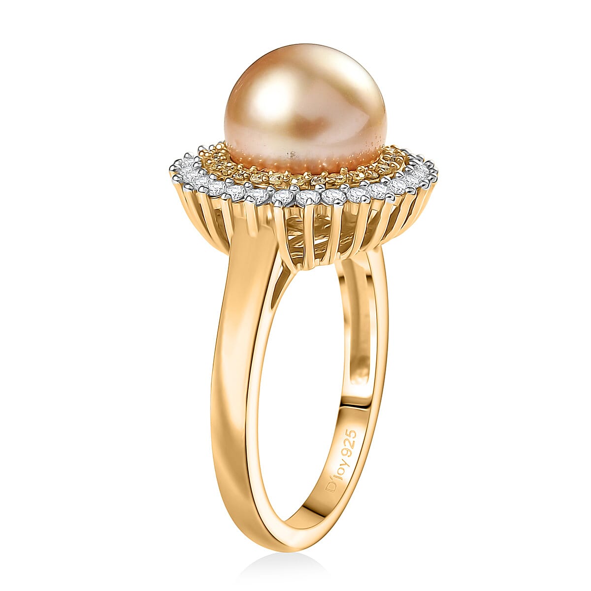 D'Joy South Sea Golden Pearl, Natural Yellow and White Diamond 0.45 ctw Sunburst Halo Ring in 18K Vermeil Yellow Gold Over Sterling Silver (Size 8.0) image number 3