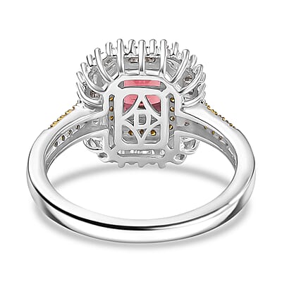 D'Joy Premium Byzantine Tourmaline, Natural Yellow and White Diamond 1.60 ctw Sunburst Halo Ring in 18K Vermeil YG and Rhodium Over Sterling Silver (Size 10.0)