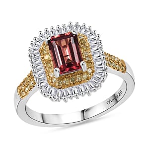 D'Joy Premium Byzantine Tourmaline, Natural Yellow and White Diamond 1.60 ctw Sunburst Halo Ring in 18K Vermeil YG and Rhodium Over Sterling Silver (Size 5.0)