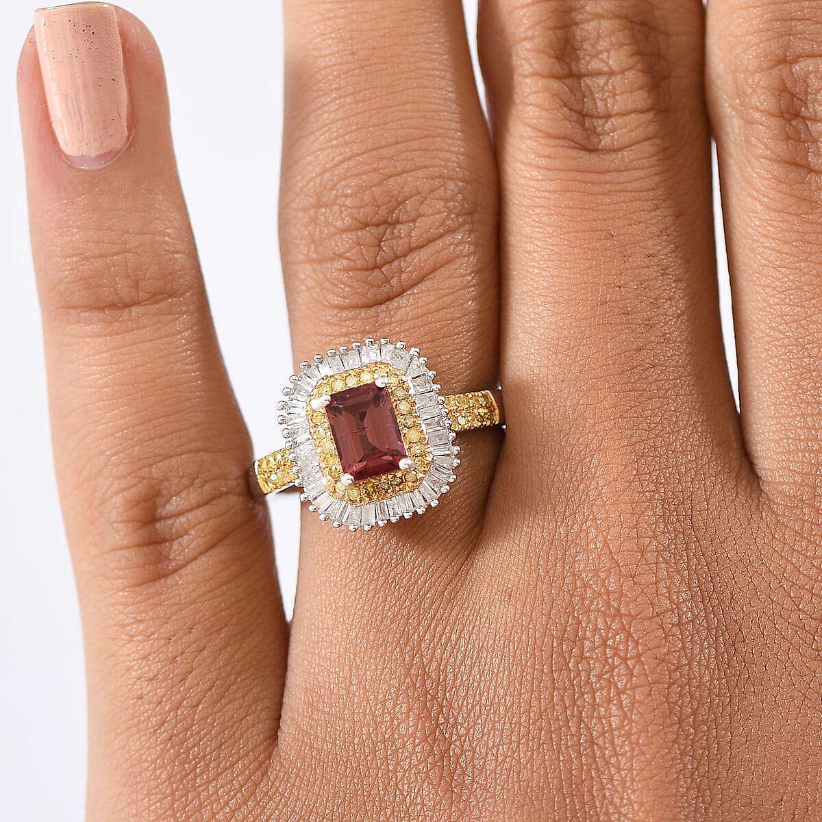 D'Joy Premium Byzantine Tourmaline, Natural Yellow and White Diamond 1.60 ctw Sunburst Halo Ring in 18K Vermeil YG and Rhodium Over Sterling Silver (Size 5.0) image number 2