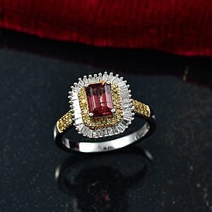 D'Joy Byzantine Tourmaline, Natural Diamond Sunburst Halo Ring in 18K Vermeil YG and Rhodium Over Sterling Silver 1.60 ctw (Size 6.0)