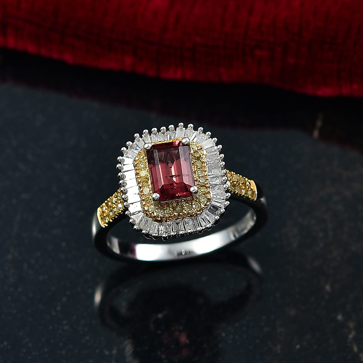 D'Joy Premium Byzantine Tourmaline, Natural Yellow and White Diamond 1.60 ctw Sunburst Halo Ring in 18K Vermeil YG and Rhodium Over Sterling Silver (Size 7.0) image number 1
