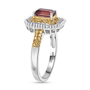 D'Joy Premium Byzantine Tourmaline, Natural Yellow and White Diamond 1.60 ctw Sunburst Halo Ring in 18K Vermeil YG and Rhodium Over Sterling Silver (Size 7.0)