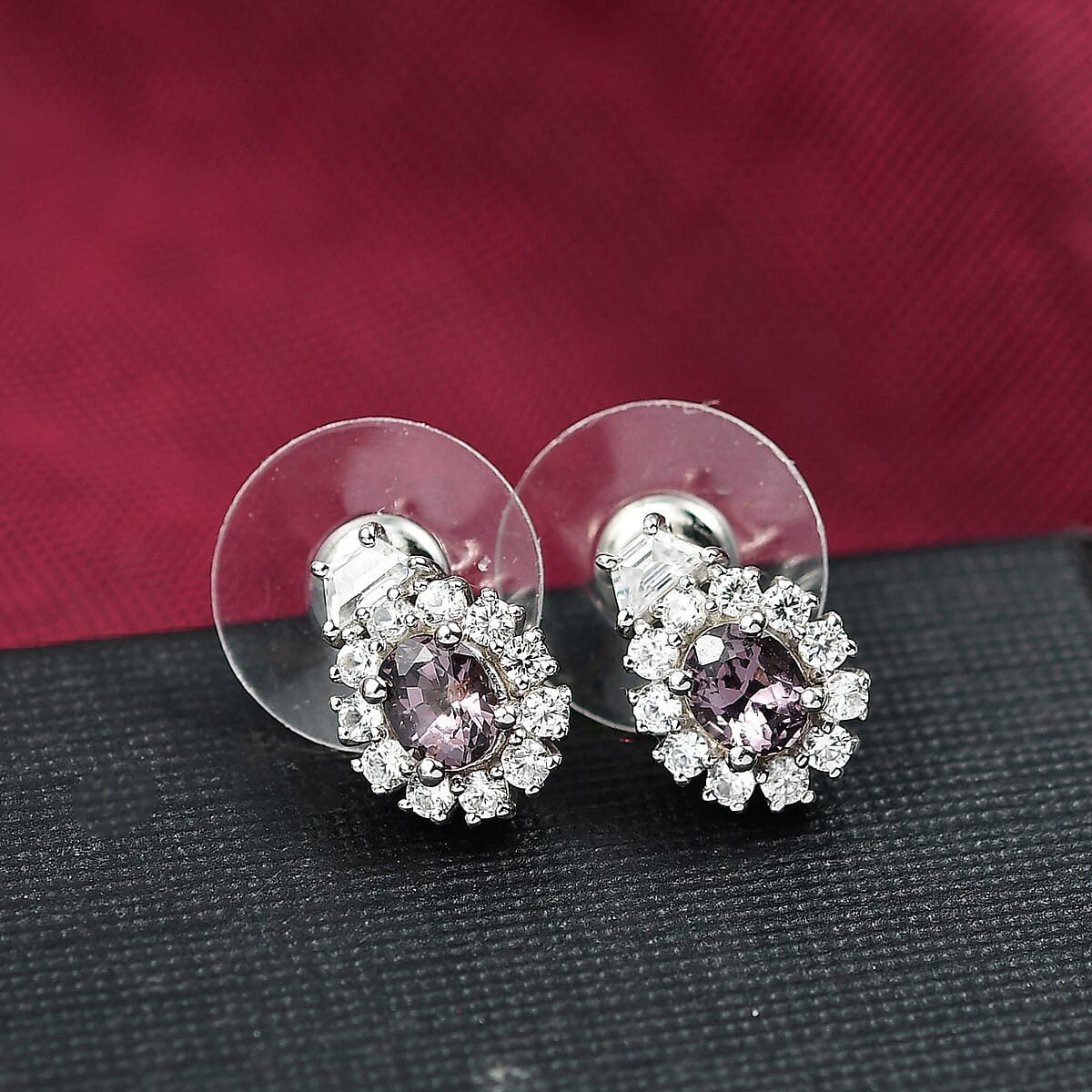 D'Joy Royal Lavender Spinel and White Zircon 1.90 ctw Classic Halo Earrings in Rhodium Over Sterling Silver image number 1