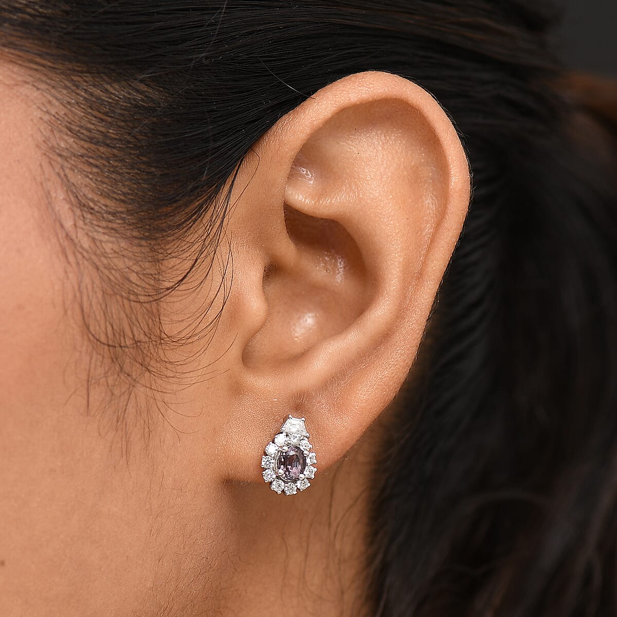 D'Joy Royal Lavender Spinel and White Zircon 1.90 ctw Classic Halo Earrings in Rhodium Over Sterling Silver image number 2