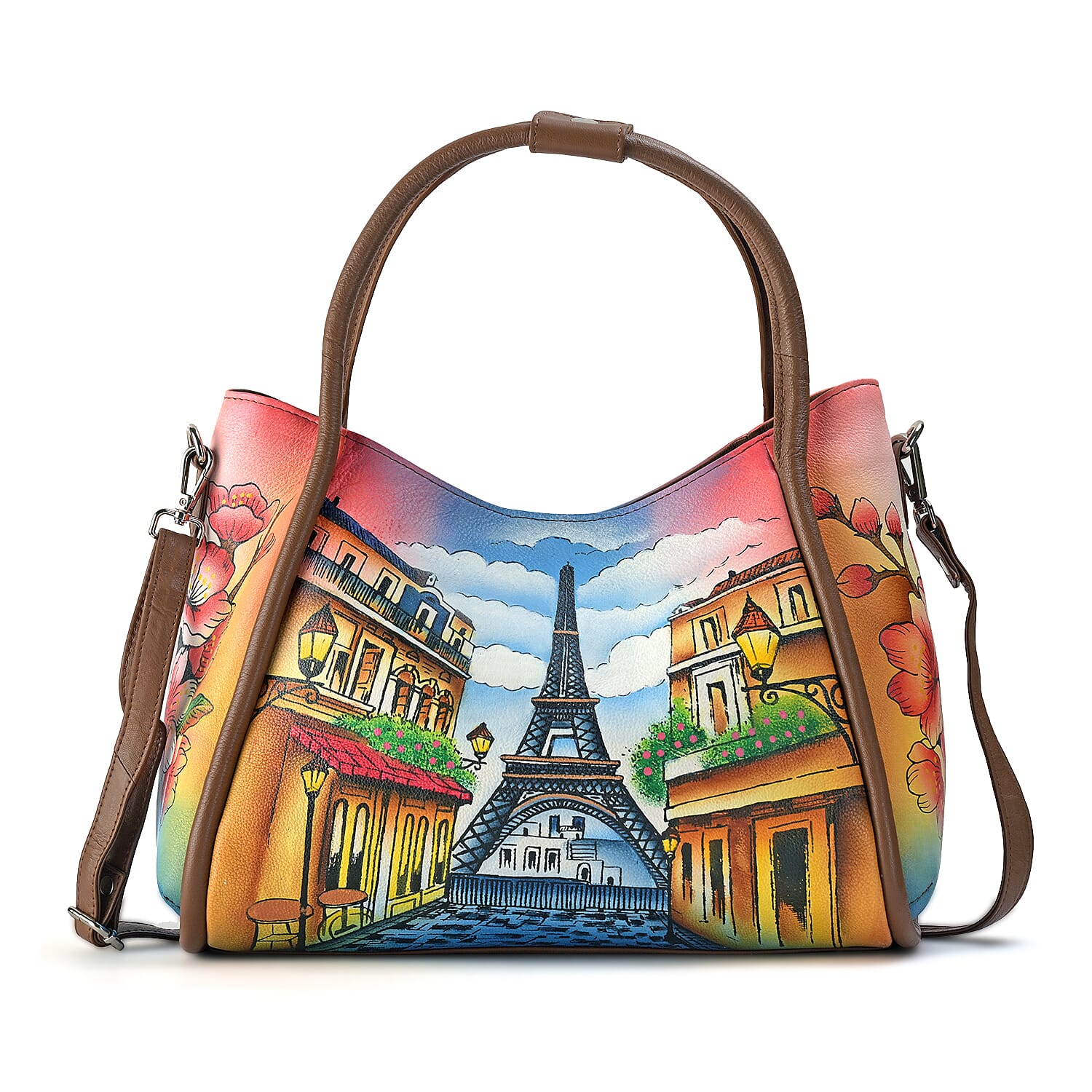 La Marey Tan Eiffel Tower Hand Painted Genuine Leather HandBag with Shoulder Strap