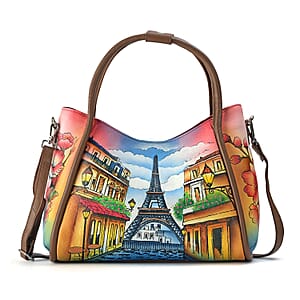 La Marey Tan Eiffel Tower Hand Painted Genuine Leather HandBag with Shoulder Strap