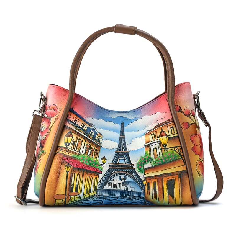 La Marey Tan Eiffel Tower Hand Painted Genuine Leather HandBag with Shoulder Strap