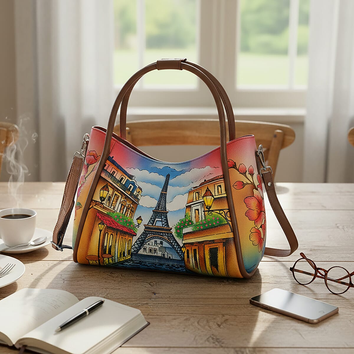 La Marey Tan Eiffel Tower Hand Painted Genuine Leather Handbag  (12.59"x9.84"x5.90") with Shoulder Strap image number 1