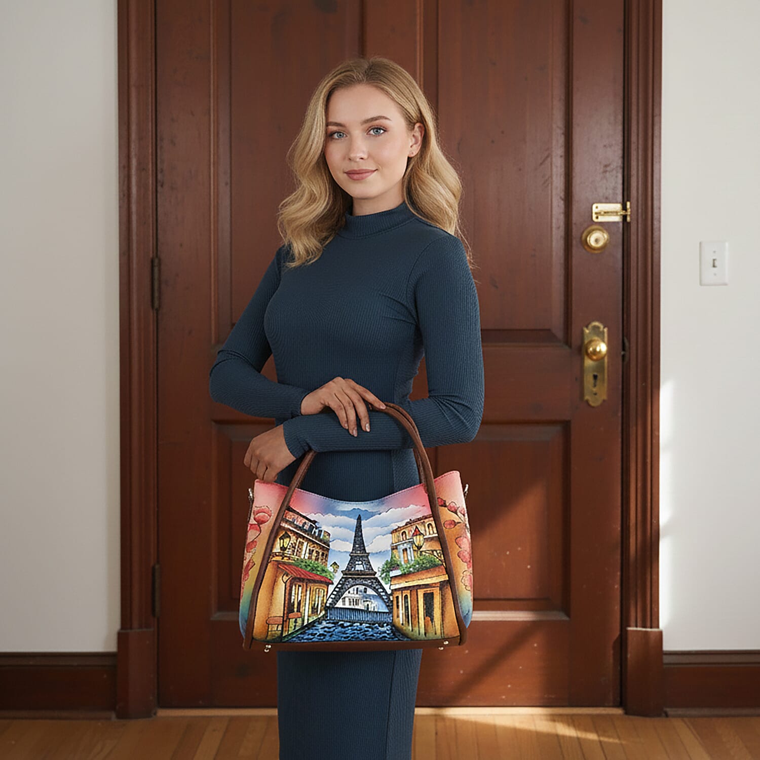 La Marey Tan Eiffel Tower Hand Painted Genuine Leather HandBag with Shoulder Strap