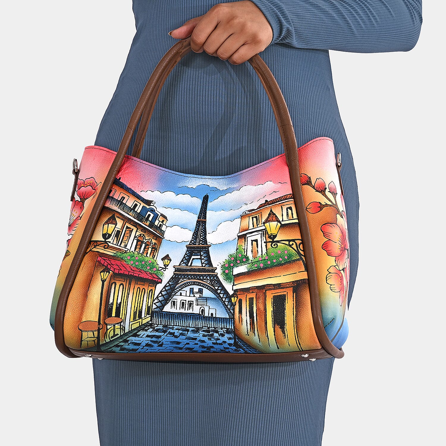 La Marey Tan Eiffel Tower Hand Painted Genuine Leather HandBag with Shoulder Strap