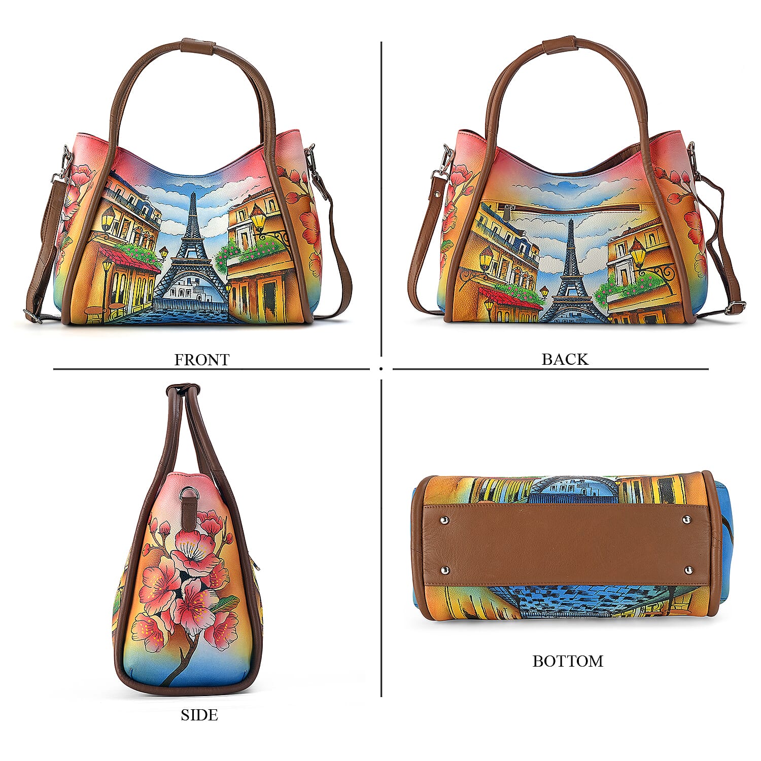 La Marey Tan Eiffel Tower Hand Painted Genuine Leather HandBag with Shoulder Strap