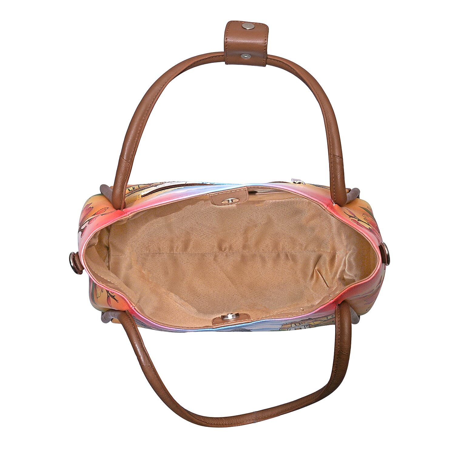 La Marey Tan Eiffel Tower Hand Painted Genuine Leather HandBag with Shoulder Strap