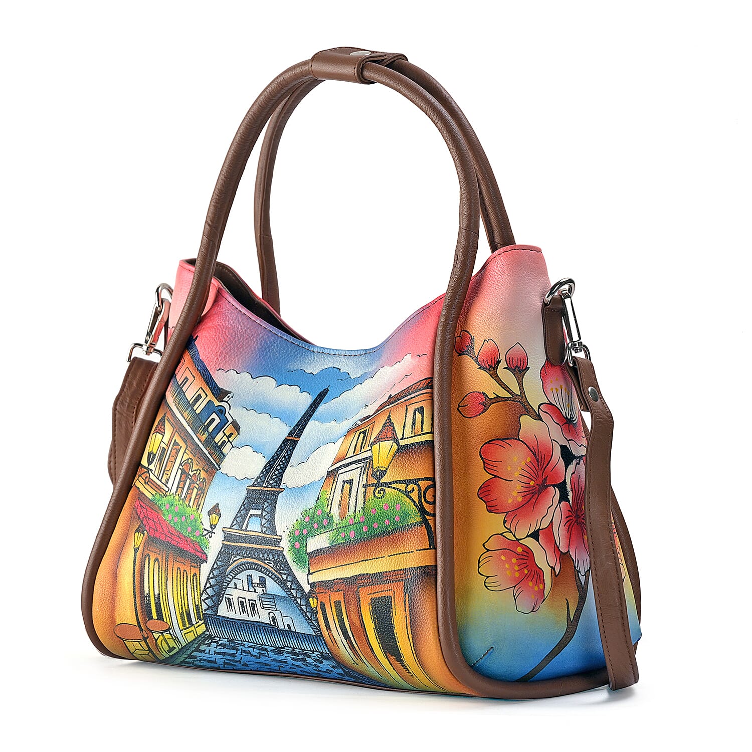 La Marey Tan Eiffel Tower Hand Painted Genuine Leather HandBag with Shoulder Strap