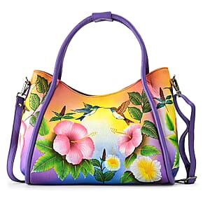 La Marey Purple Floral Hand Painted Genuine Leather Handbag   with Shoulder Strap