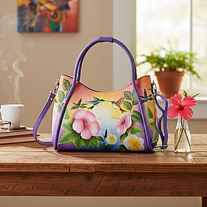 La Marey Purple Floral Hand Painted Genuine Leather Handbag   with Shoulder Strap