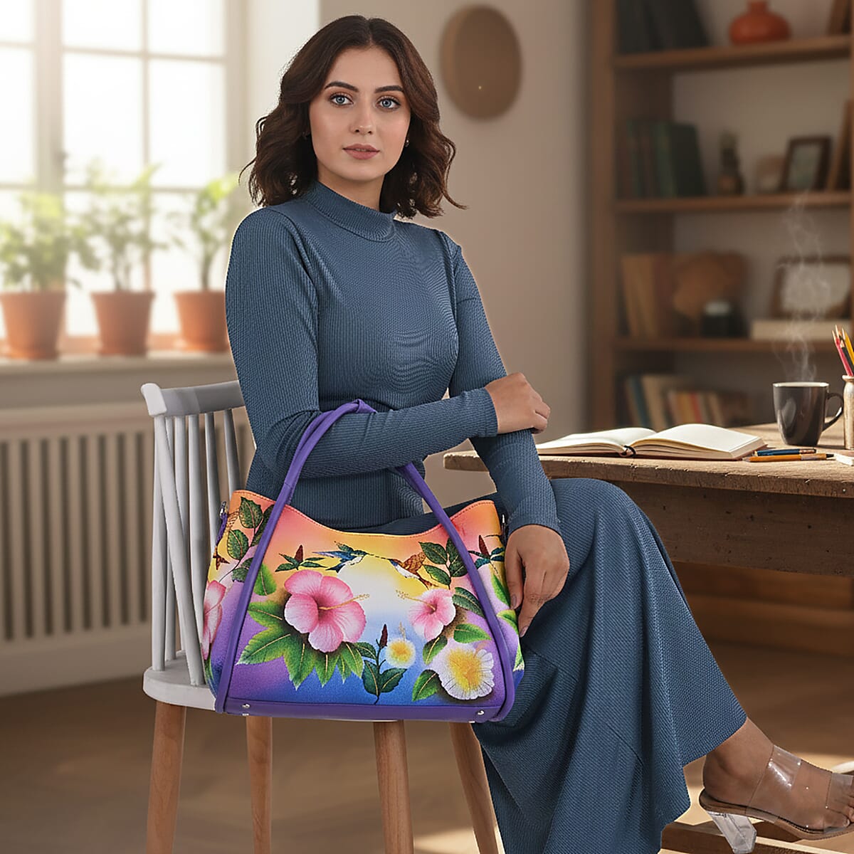 La Marey Purple Floral Hand Painted Genuine Leather Handbag   with Shoulder Strap image number 2