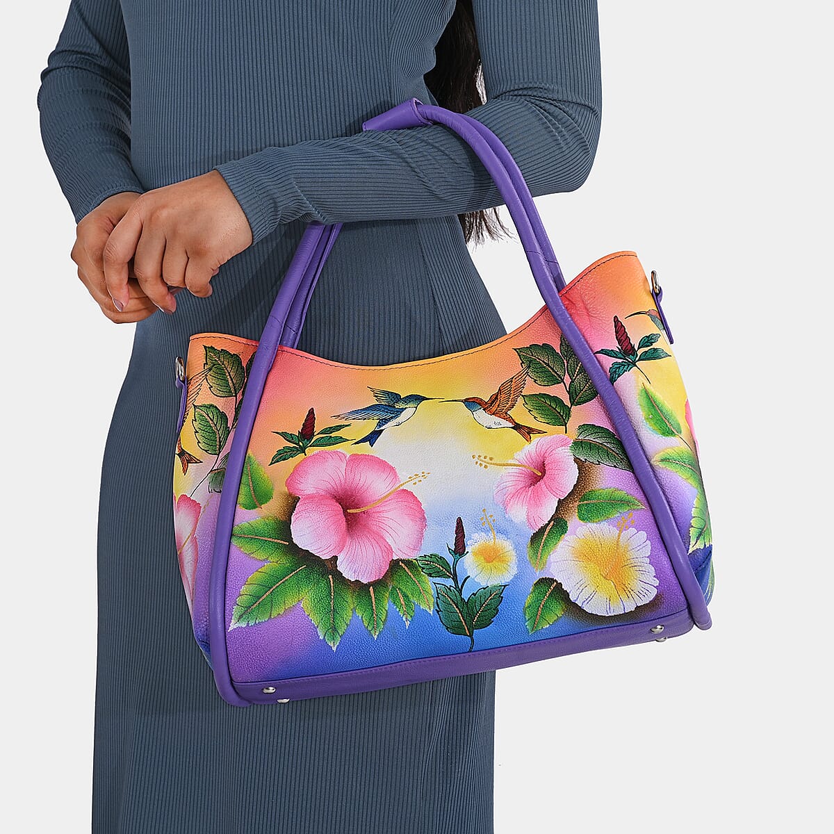 La Marey Purple Floral Hand Painted Genuine Leather Handbag   with Shoulder Strap image number 4