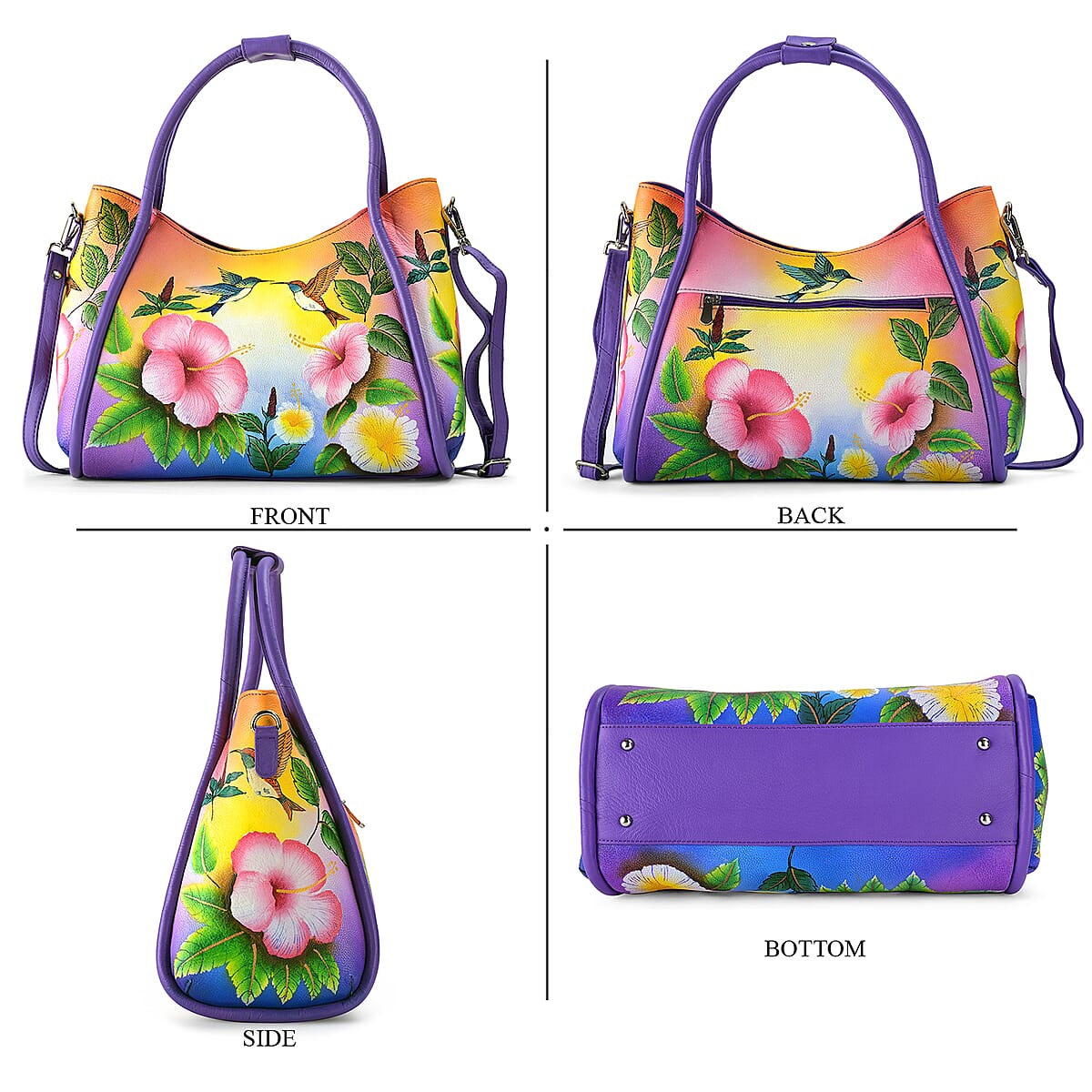 La Marey Purple Floral Hand Painted Genuine Leather Handbag   with Shoulder Strap image number 5