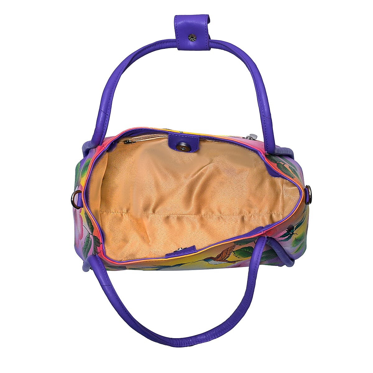 La Marey Purple Floral Hand Painted Genuine Leather Handbag   with Shoulder Strap image number 6