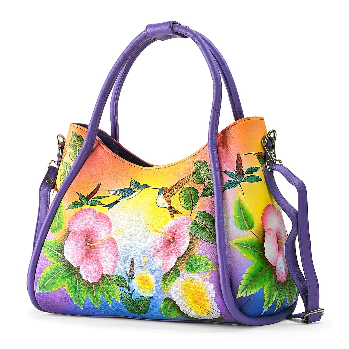 La Marey Purple Floral Hand Painted Genuine Leather Handbag   with Shoulder Strap image number 8
