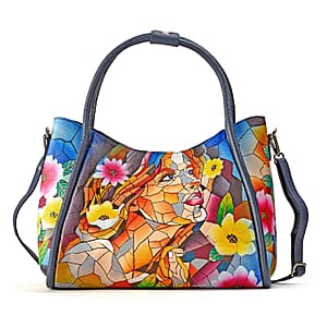 La Marey Navy Women Face Hand Painted Genuine Leather Handbag with Shoulder Strap