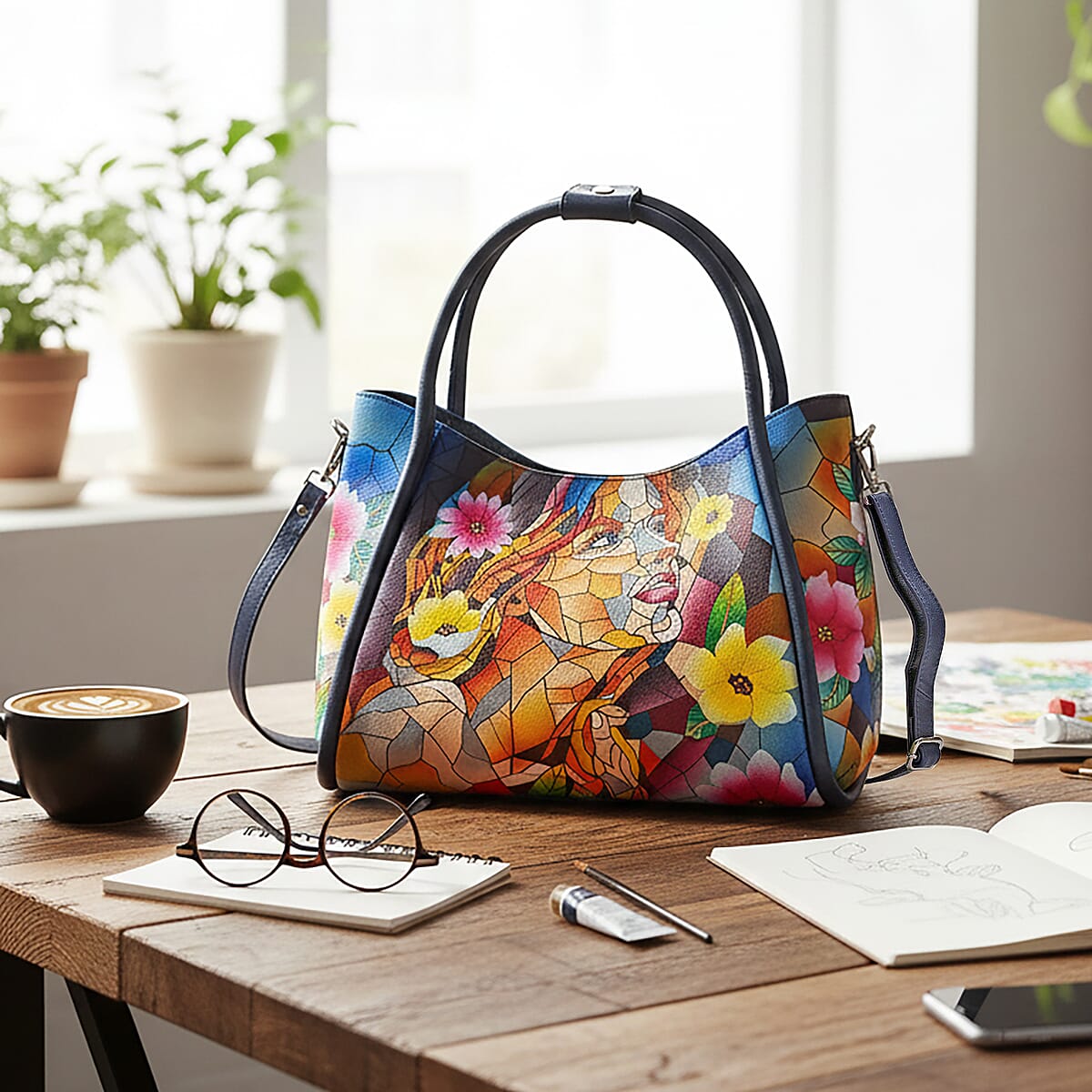 La Marey Navy Women Face Hand Painted Genuine Leather Handbag with Shoulder Strap image number 1