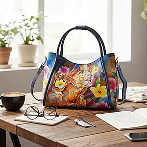 La Marey Navy Women Face Hand Painted Genuine Leather Handbag with Shoulder Strap