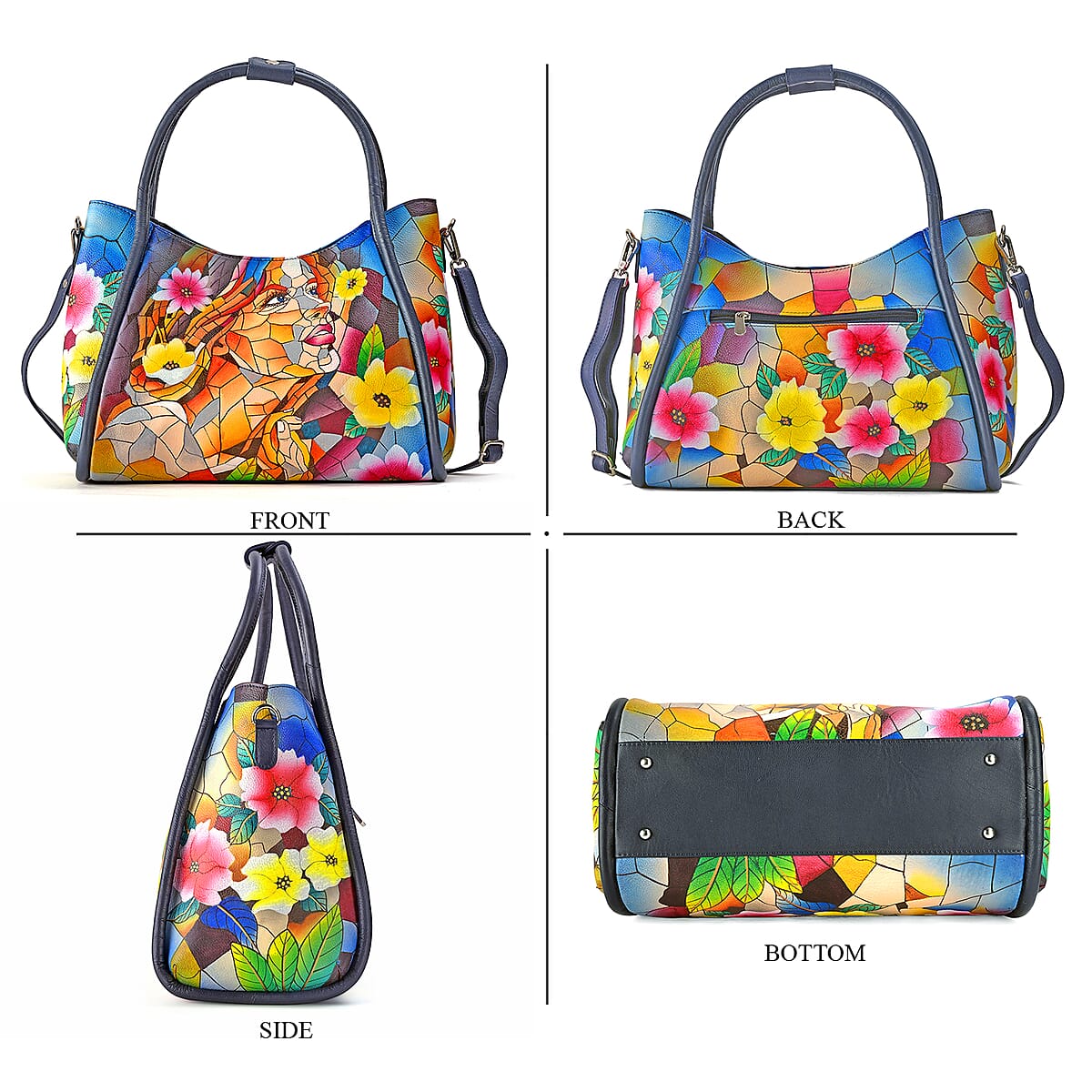 La Marey Navy Women Face Hand Painted Genuine Leather Handbag with Shoulder Strap image number 5