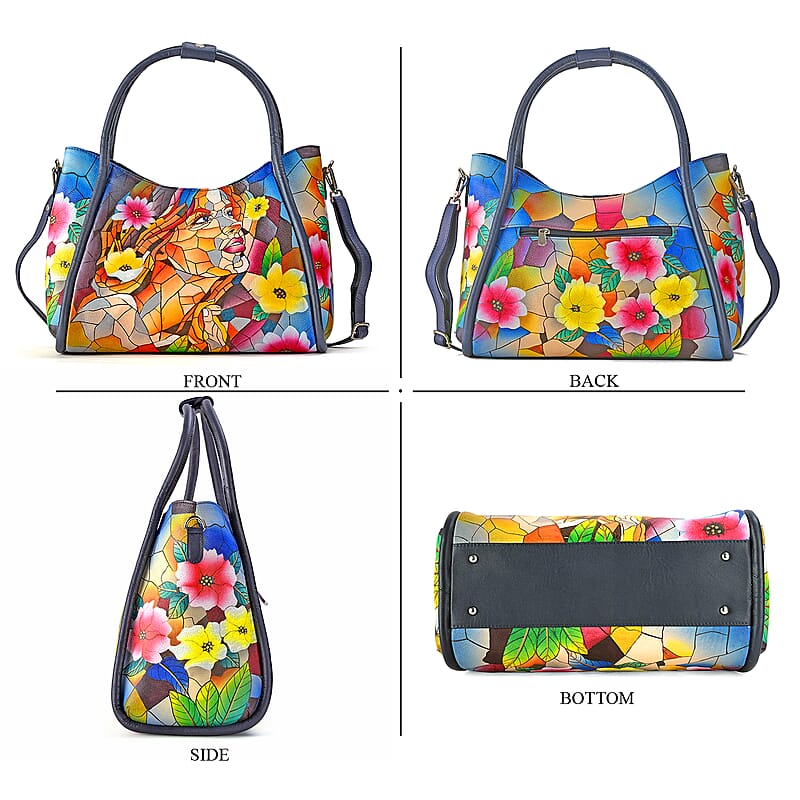 La Marey Navy Women Face Hand Painted Genuine Leather Handbag with Shoulder Strap