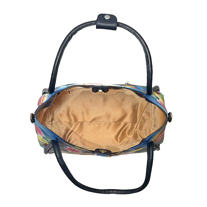 La Marey Navy Women Face Hand Painted Genuine Leather Handbag with Shoulder Strap