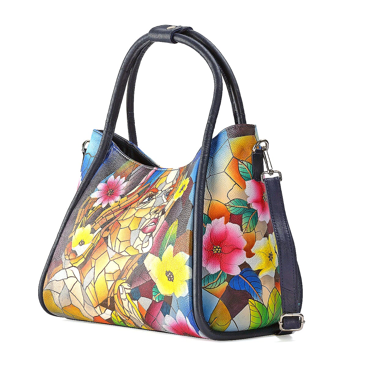 La Marey Navy Women Face Hand Painted Genuine Leather Handbag with Shoulder Strap image number 8