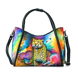 La Marey Black Leopard Hand Painted Genuine Leather Handbag with Shoulder Strap