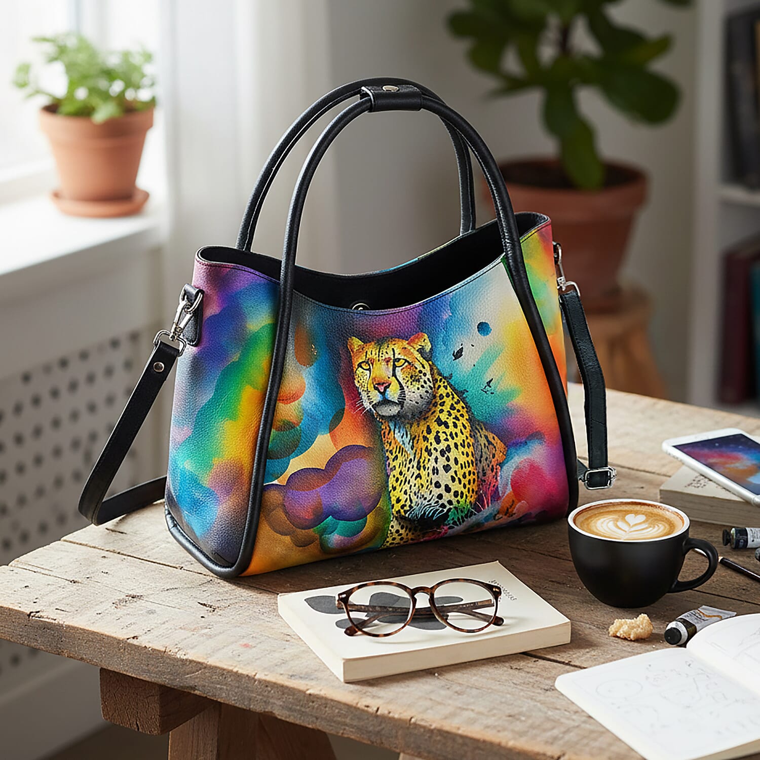 La Marey Black Leopard Hand Painted Genuine Leather Handbag with Shoulder Strap