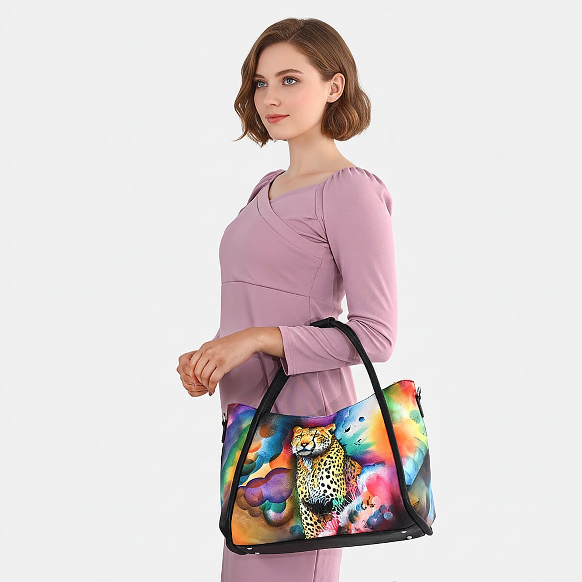 La Marey Black Leopard Hand Painted Genuine Leather Handbag with Shoulder Strap image number 2