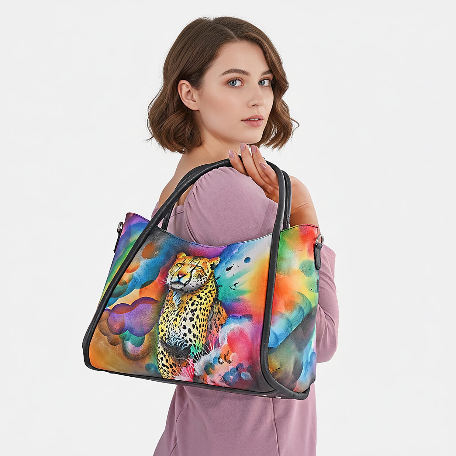La Marey Black Leopard Hand Painted Genuine Leather Handbag with Shoulder Strap