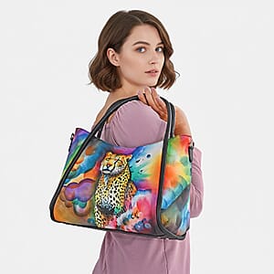 La Marey Black Leopard Hand Painted Genuine Leather Handbag with Shoulder Strap