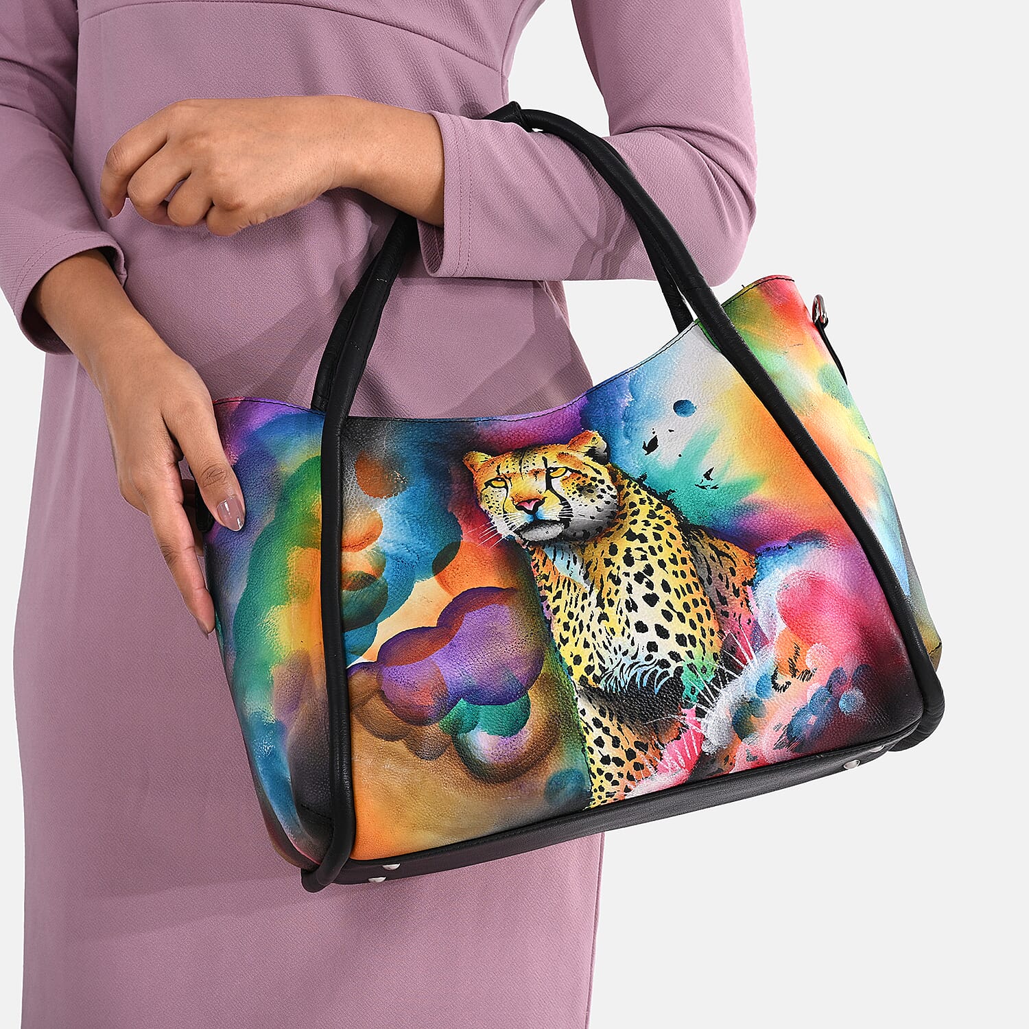 La Marey Black Leopard Hand Painted Genuine Leather Handbag with Shoulder Strap