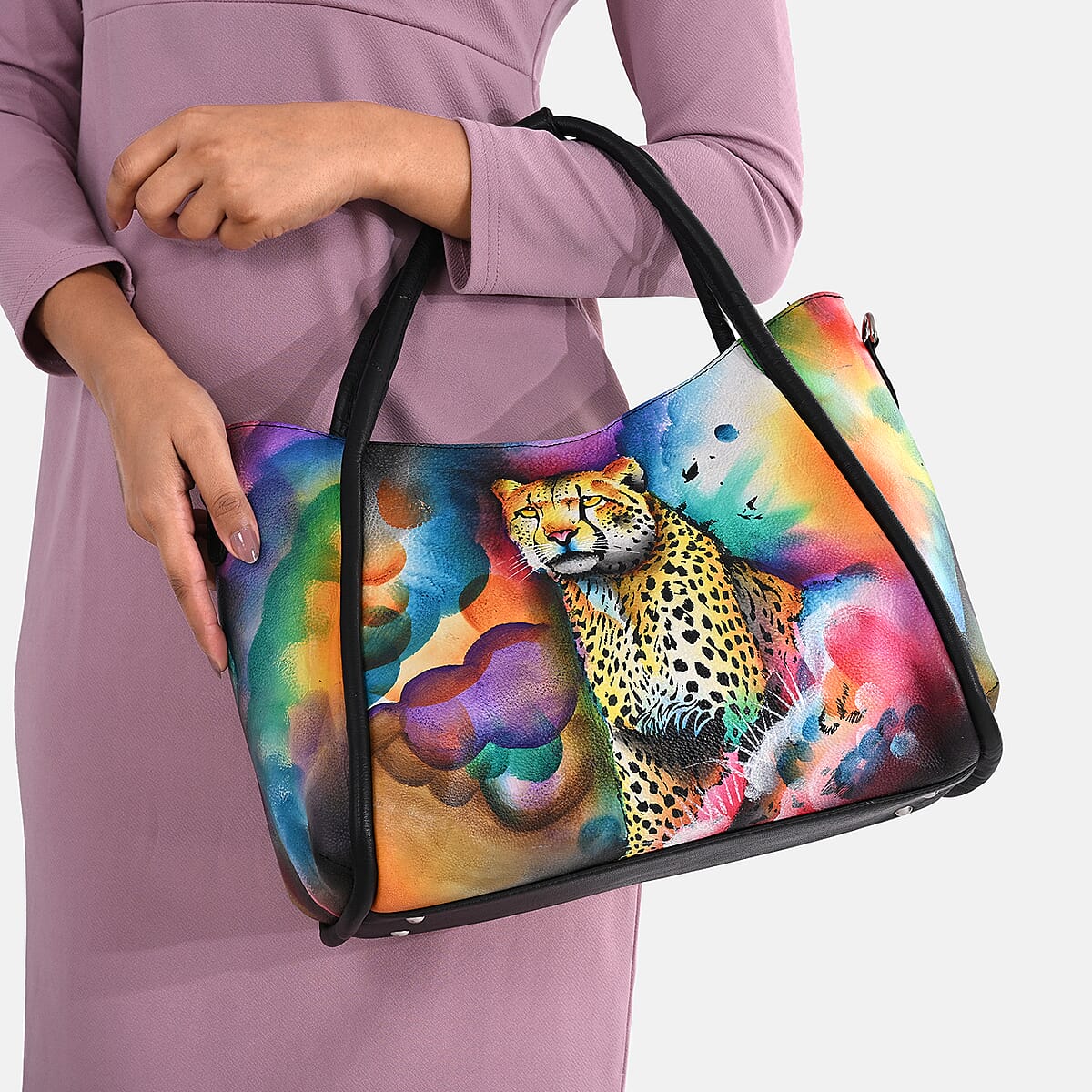 La Marey Black Leopard Hand Painted Genuine Leather Handbag with Shoulder Strap image number 4