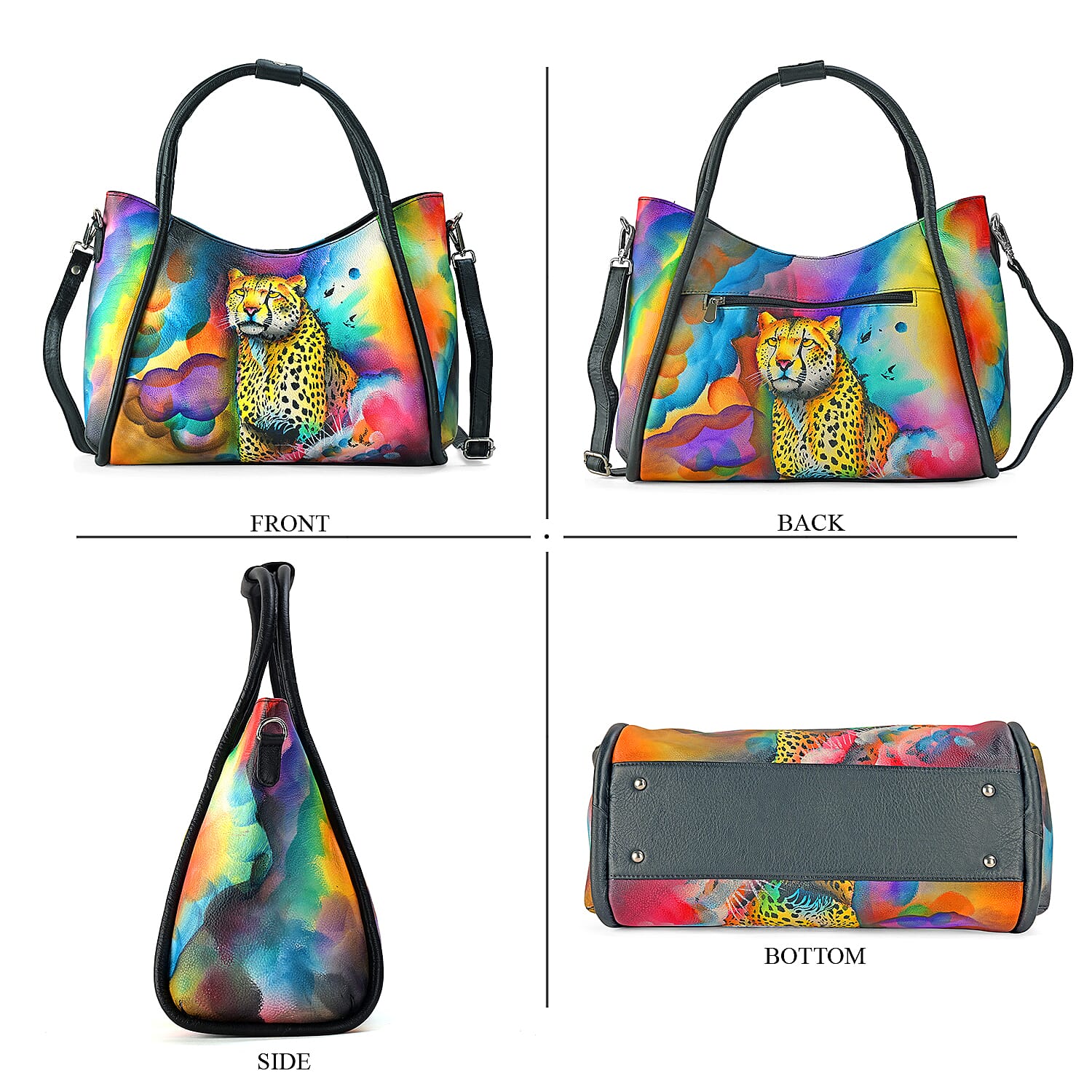 La Marey Black Leopard Hand Painted Genuine Leather Handbag with Shoulder Strap
