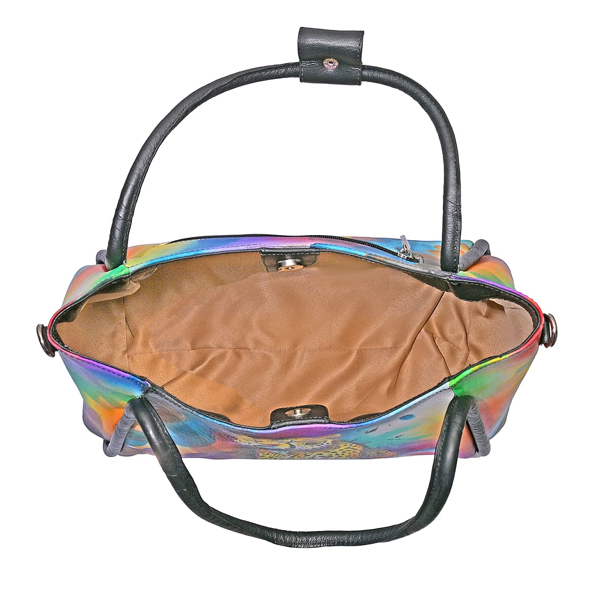 La Marey Black Leopard Hand Painted Genuine Leather Handbag with Shoulder Strap image number 6