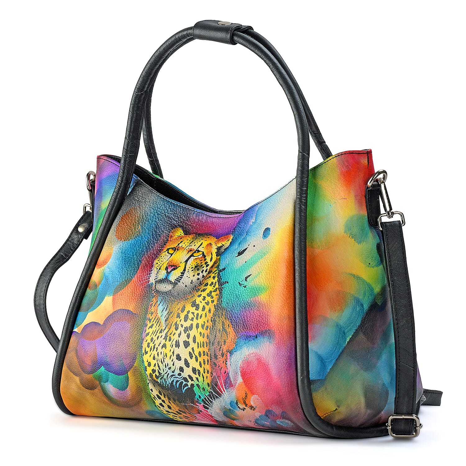 La Marey Black Leopard Hand Painted Genuine Leather Handbag with Shoulder Strap