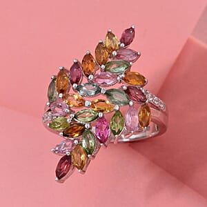 D'Joy Multi-Tourmaline, White Zircon Bypass Leaf Ring in Rhodium Over Sterling Silver 4.10 ctw (Size 10.0)
