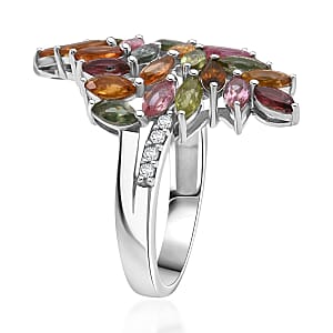 D'Joy Multi-Tourmaline, White Zircon Bypass Leaf Ring in Rhodium Over Sterling Silver 4.10 ctw (Size 10.0)
