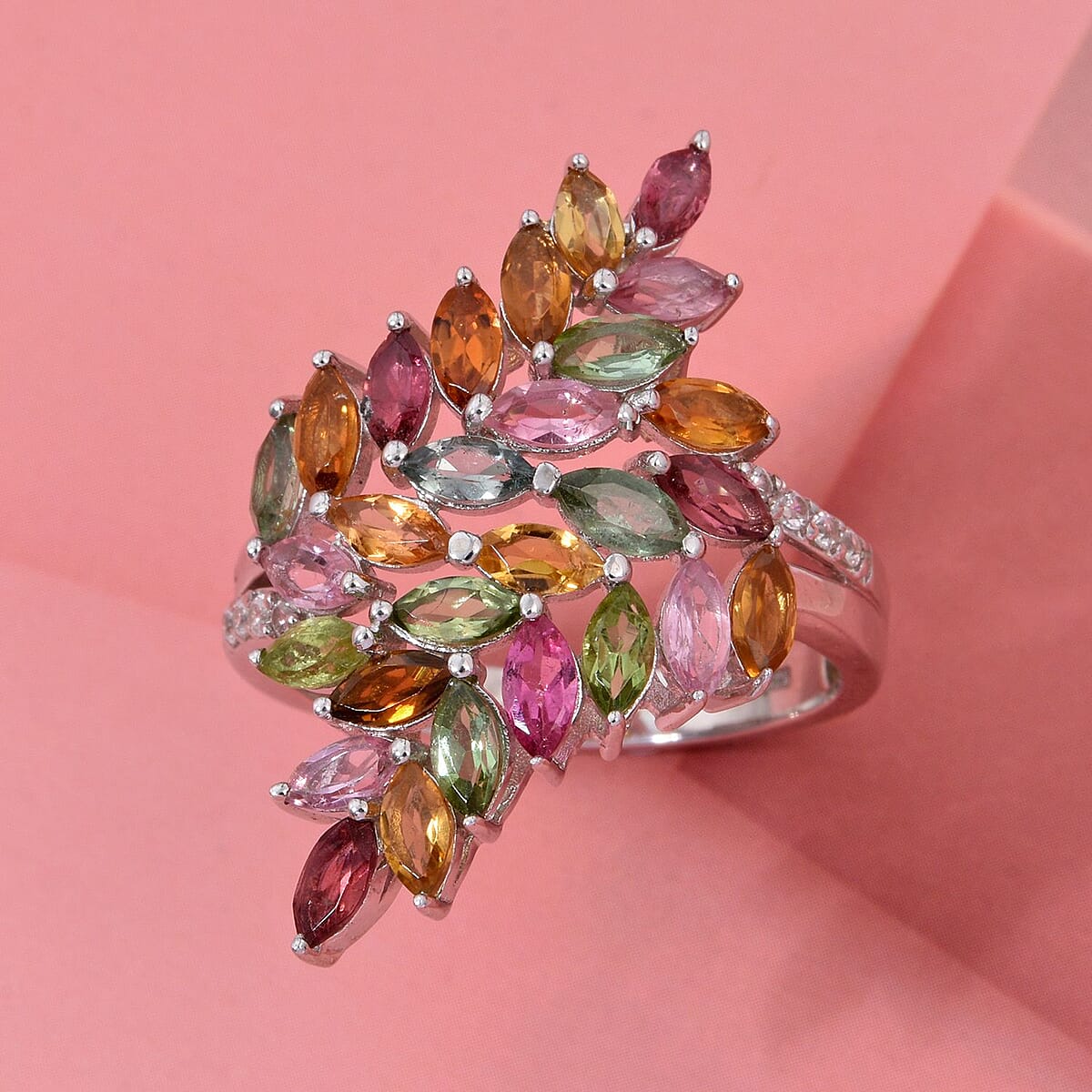 D'Joy Multi-Tourmaline and White Zircon 4.10 ctw Bypass Ring in Rhodium Over Sterling Silver (Size 9.0) image number 1