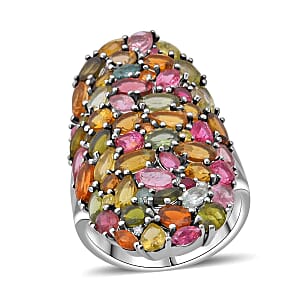 D'Joy Multi-Tourmaline and Moissanite 8.00 ctw Crown of Colors Ring in Rhodium Over Sterling Silver (Size 6.0)