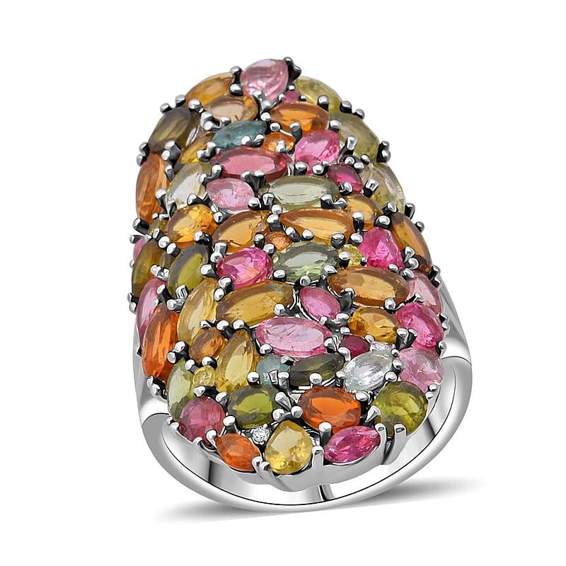 D'Joy Multi-Tourmaline and Moissanite 8.00 ctw Crown of Colors Ring in Rhodium Over Sterling Silver (Size 6.0)