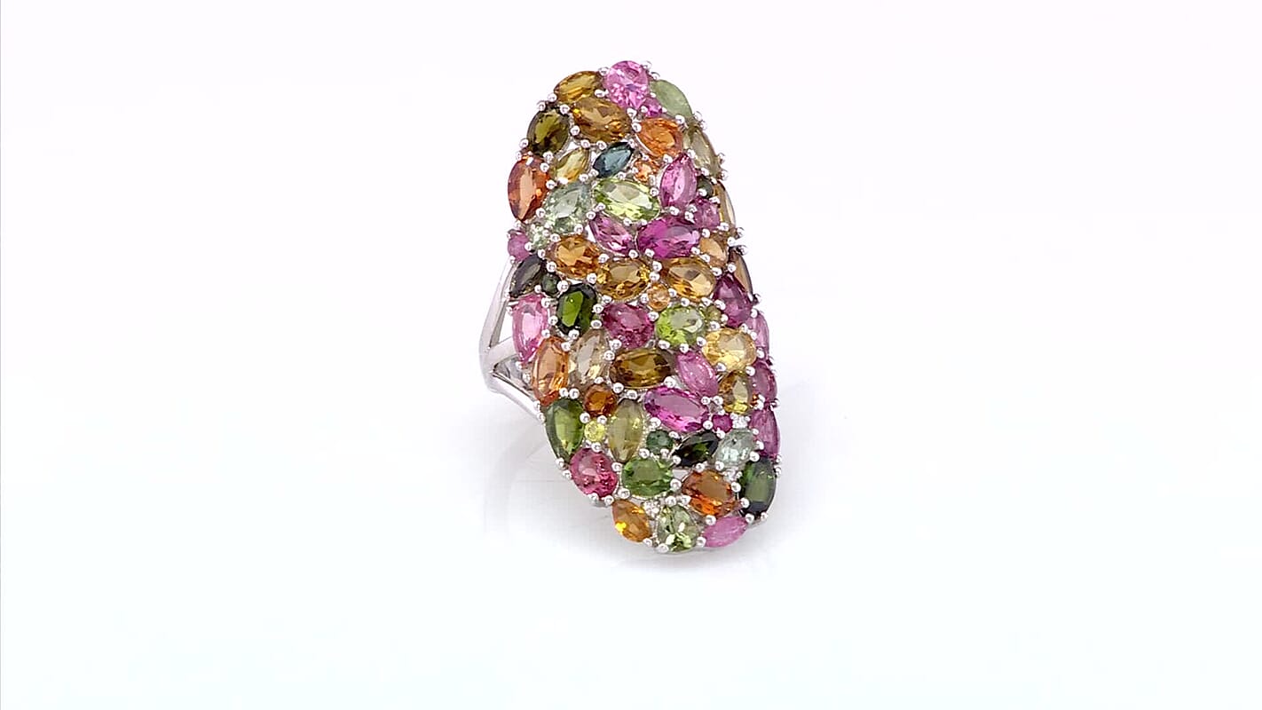 D'Joy Multi-Tourmaline and Moissanite 8.40 ctw Ring in Rhodium Over Sterling Silver